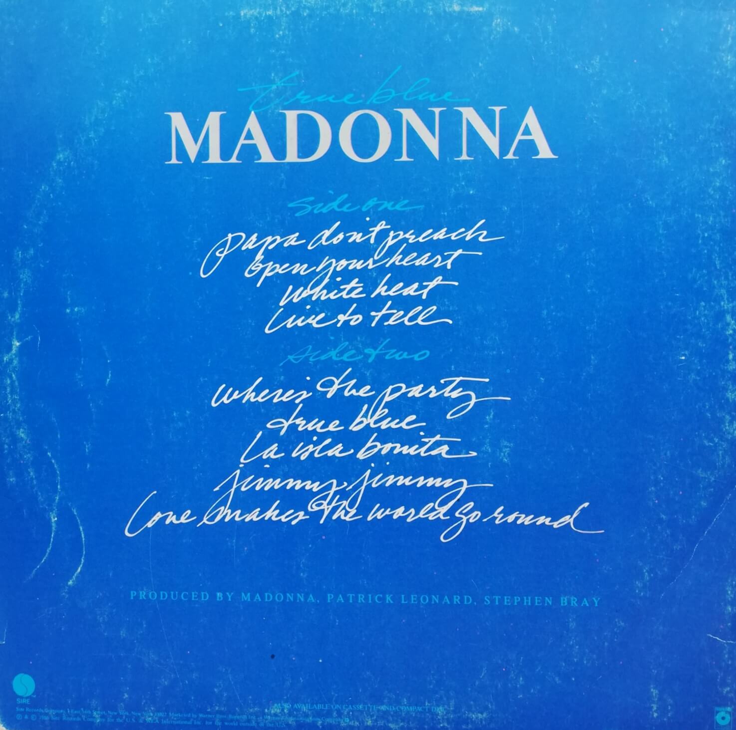 Okładka płyty winylowej artysty Madonna o tytule TRUE BLUE
