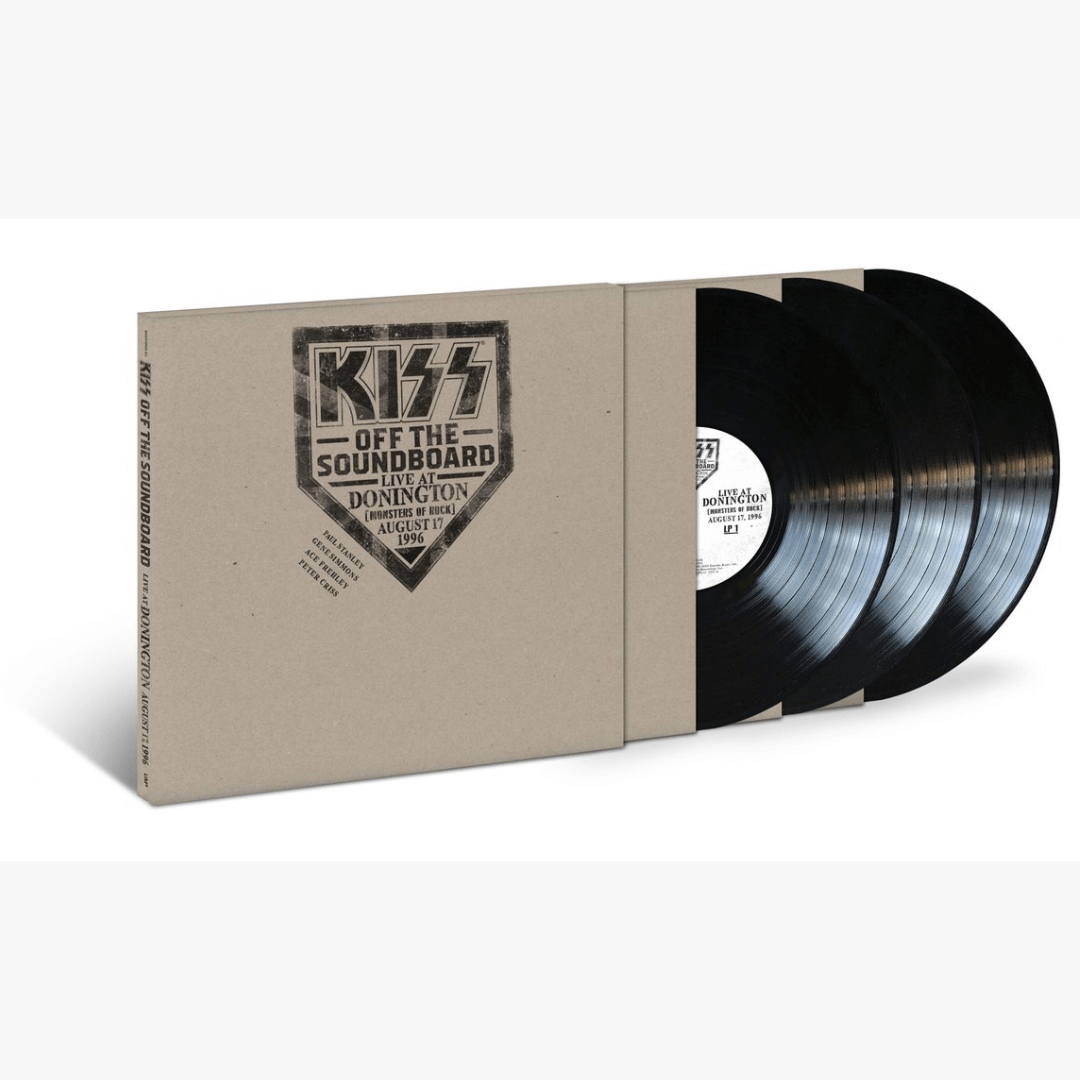 Okładka płyty winylowej zespołu Kiss o tytule Kiss Off The Soundboard Live At Donnington