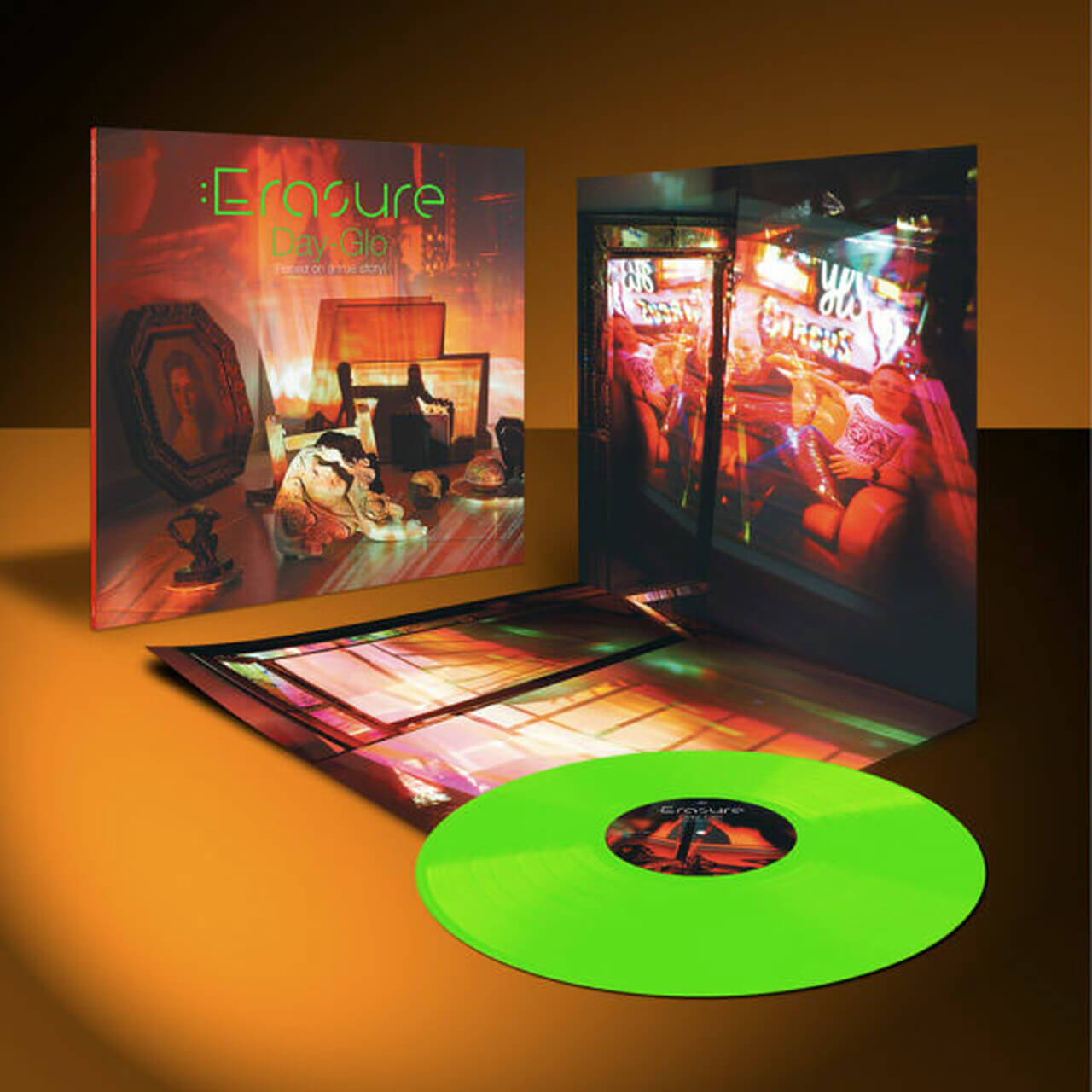 Okładka płyty winylowej artysty Erasure o tytule Day-Glo (Based On A True Story) (Fluorescent Green Vinyl)