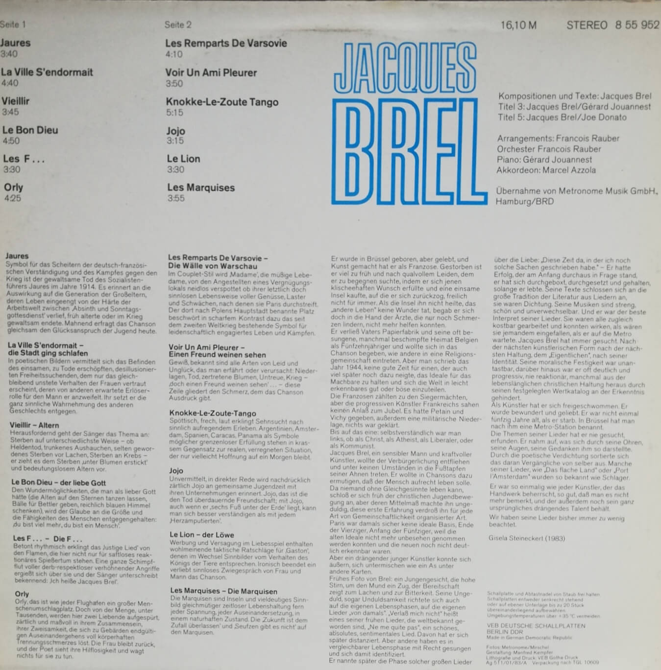 Okładka płyty winylowej artysty Jacques Brel o tytule Jacques Brel