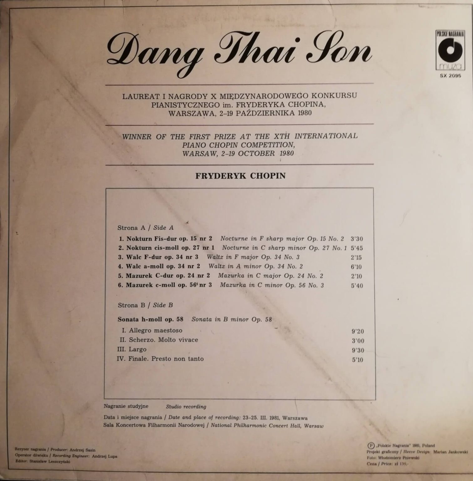 Okładka płyty winylowej artysty Dang Thai Son o tytule Dang Thai Son Plays Chopin