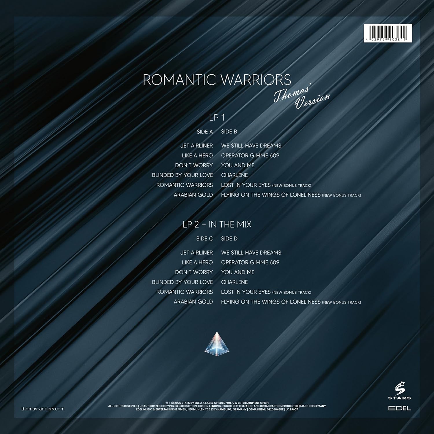 Okładka płyty winylowej wykonawcy Thomas Anders o tytule Thomas Sings Modern Talking Romantic Warriors